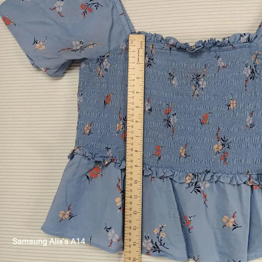MADEWELL Top Womens S Floral Smocked‎ Cropped Puff Sleeve Cotton Blue
